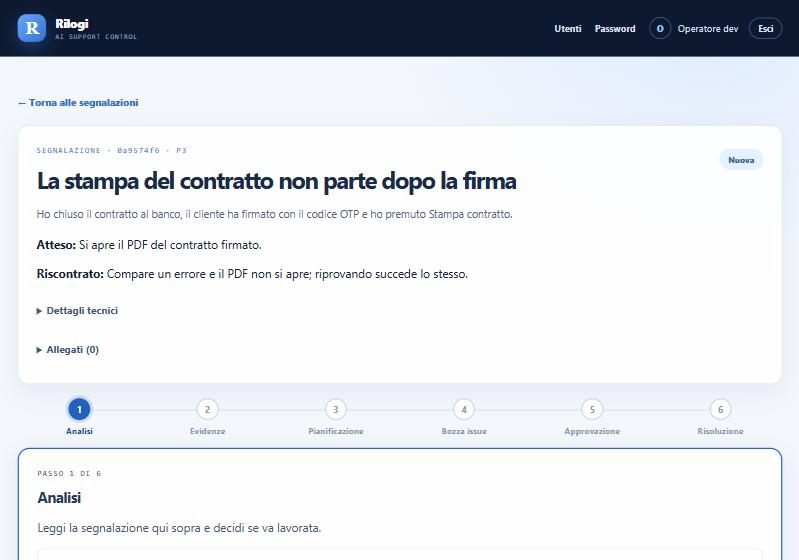 Il dettaglio di una segnalazione con i sei passi del flusso guidato