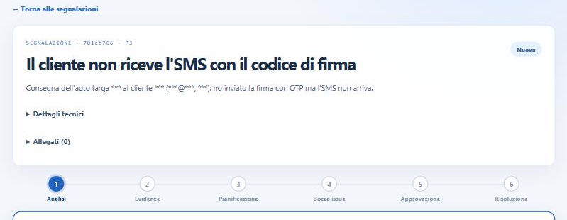 Una segnalazione nella console: targa, nome, email e telefono sono sostituiti da asterischi