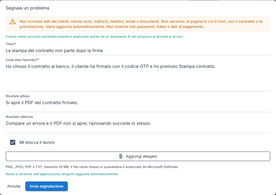 La finestra «Segnala un problema» del gestionale, compilata con un esempio