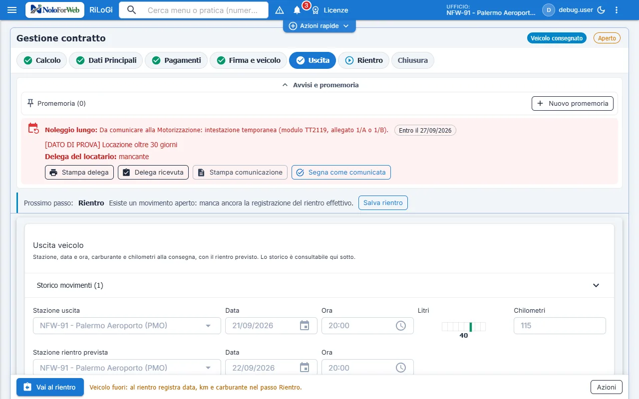 Contratto con l'avviso del noleggio lungo: intestazione temporanea da comunicare alla Motorizzazione entro la scadenza e delega del locatario mancante.