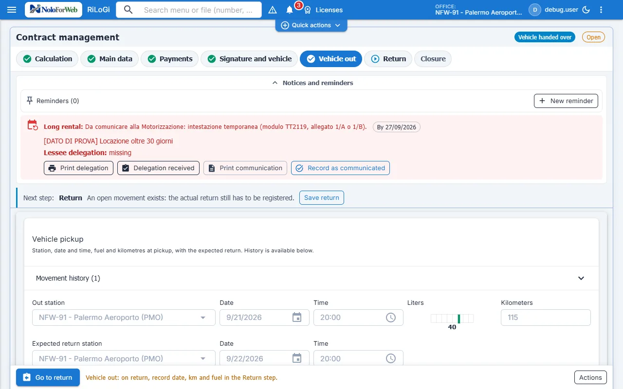 Contrat avec l'alerte de location longue durée : inscription temporaire à déclarer à l'administration des véhicules avant l'échéance et délégation du locataire manquante.