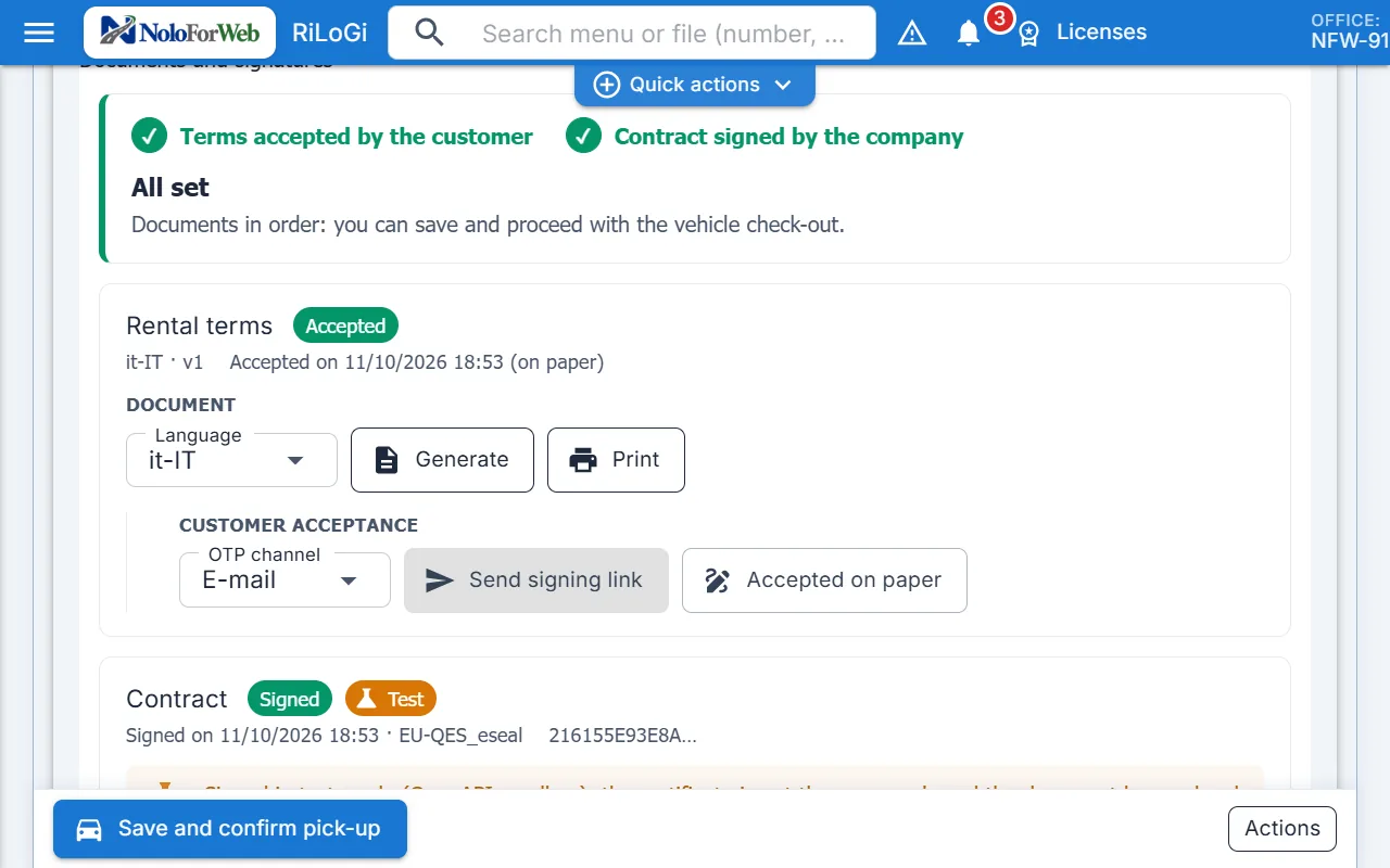 Contract documents and signatures: rental terms accepted on paper, with the signing link by e-mail as an alternative, and everything ready for pick-up.