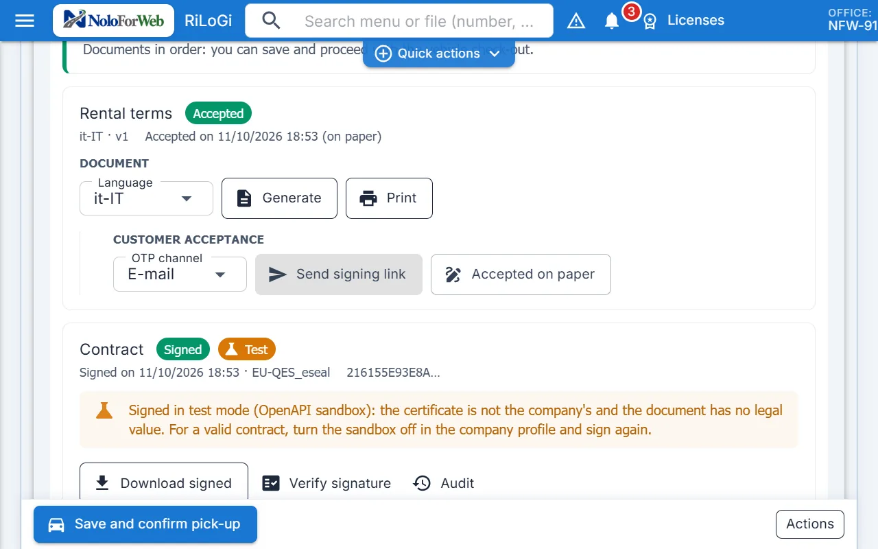 Contract signed with a qualified seal in test mode (sandbox), with signature verification, signed PDF download and audit.