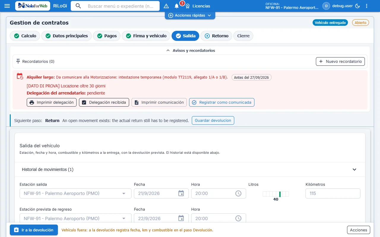 Contrato con el aviso de alquiler de larga duración: titularidad temporal pendiente de comunicar a Tráfico antes del plazo y delegación del arrendatario ausente.