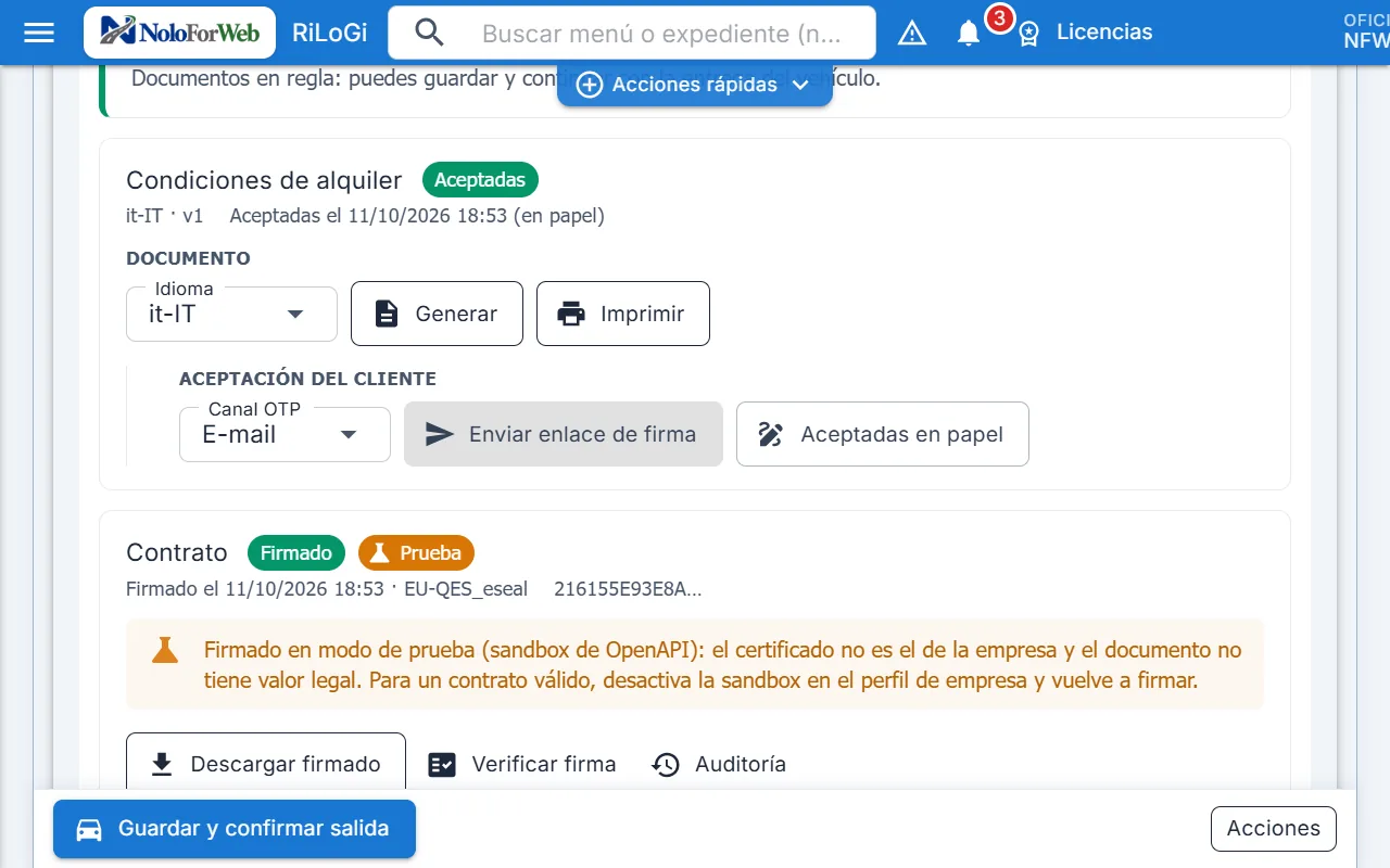 Contrato firmado con sello cualificado en modo de prueba (sandbox), con verificación de la firma, descarga del PDF firmado y auditoría.