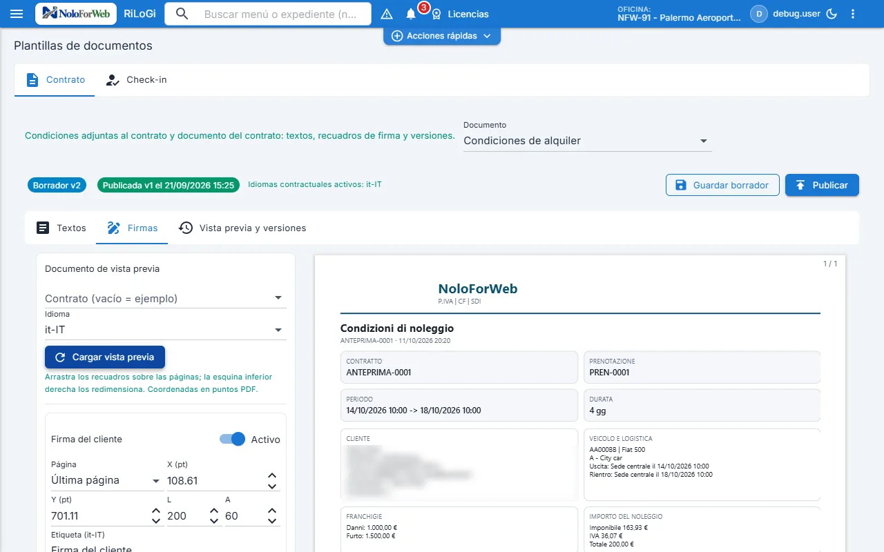 Plantillas de documentos: recuadros de firma del cliente y del arrendador con página y coordenadas, junto a la vista previa PDF de las condiciones; datos del cliente de ejemplo difuminados.