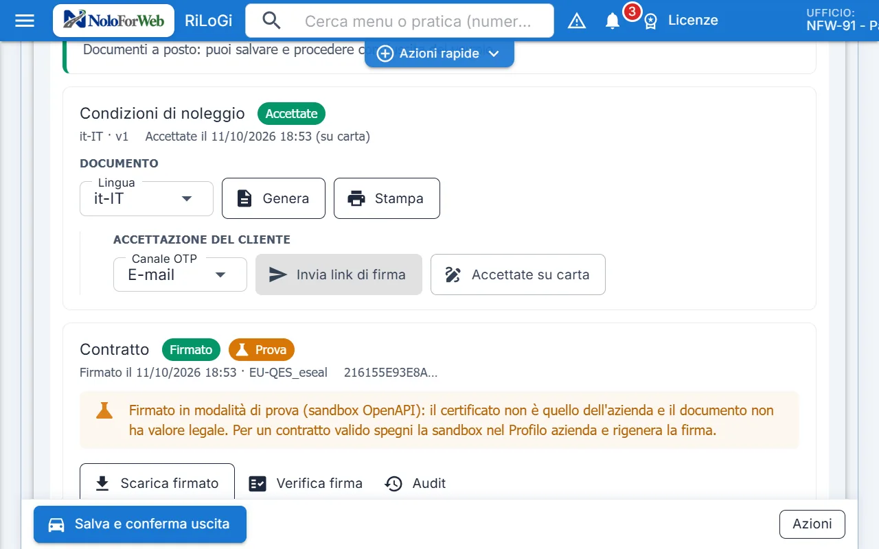 Contratto firmato con sigillo qualificato in modalità di prova (sandbox), con verifica della firma, download del PDF firmato e audit.