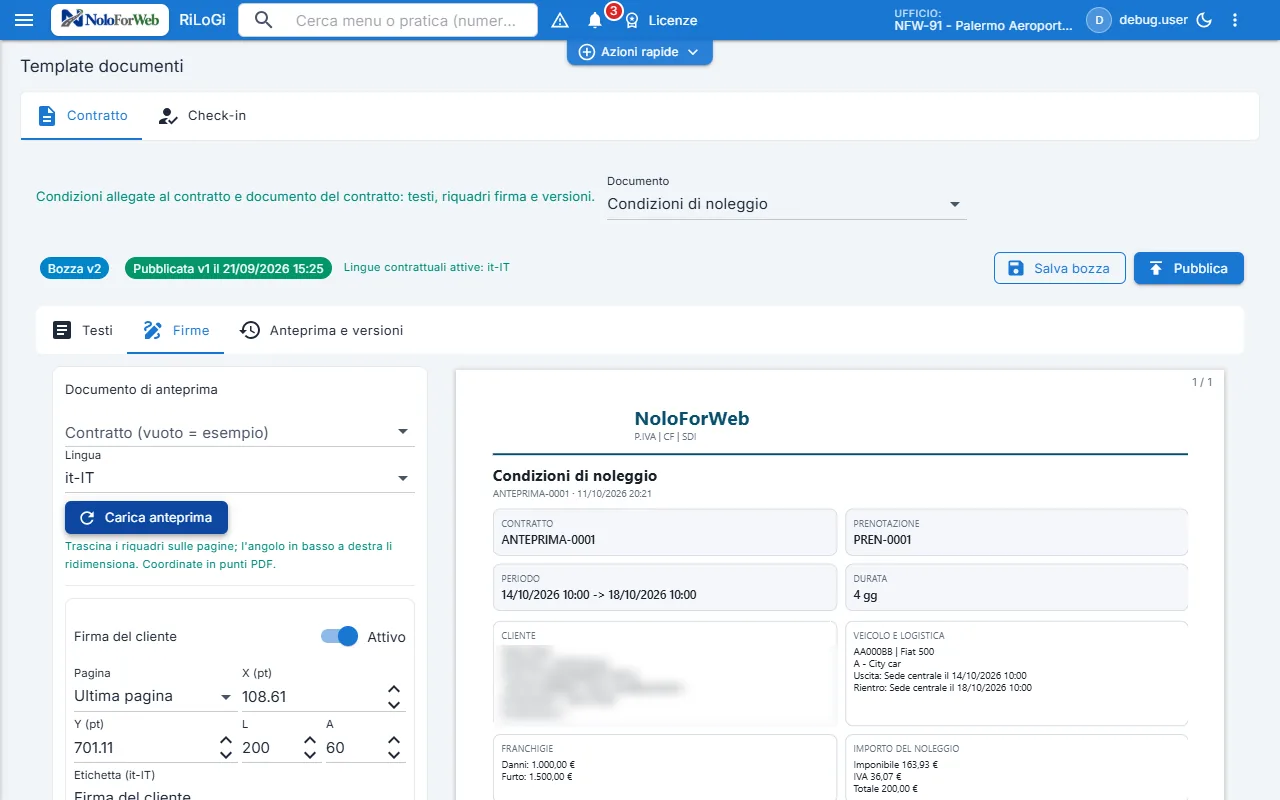 Modelli documenti: riquadri firma del cliente e del noleggiatore con pagina e coordinate, accanto all'anteprima PDF delle condizioni; dati del cliente d'esempio oscurati.