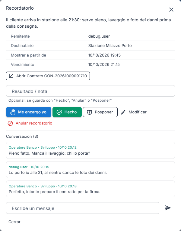 La conversación de un recordatorio con tres mensajes entre dos operadores y la lista de quién lo ha leído
