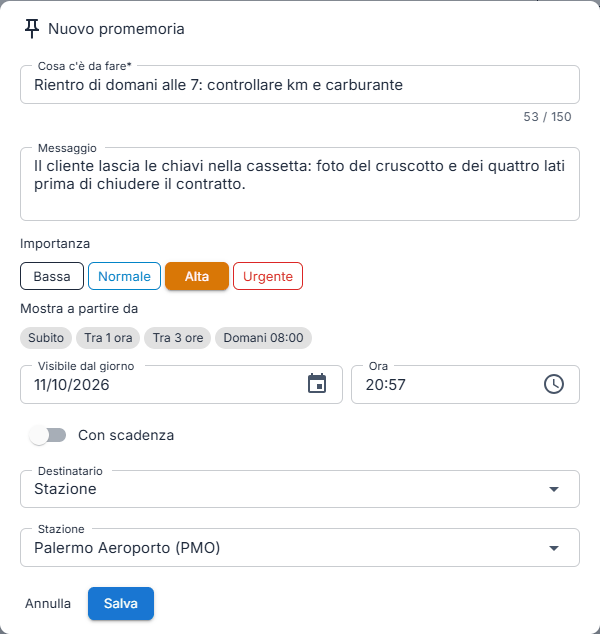 La finestra «Nuovo promemoria» compilata con un esempio, importanza Alta e scadenza